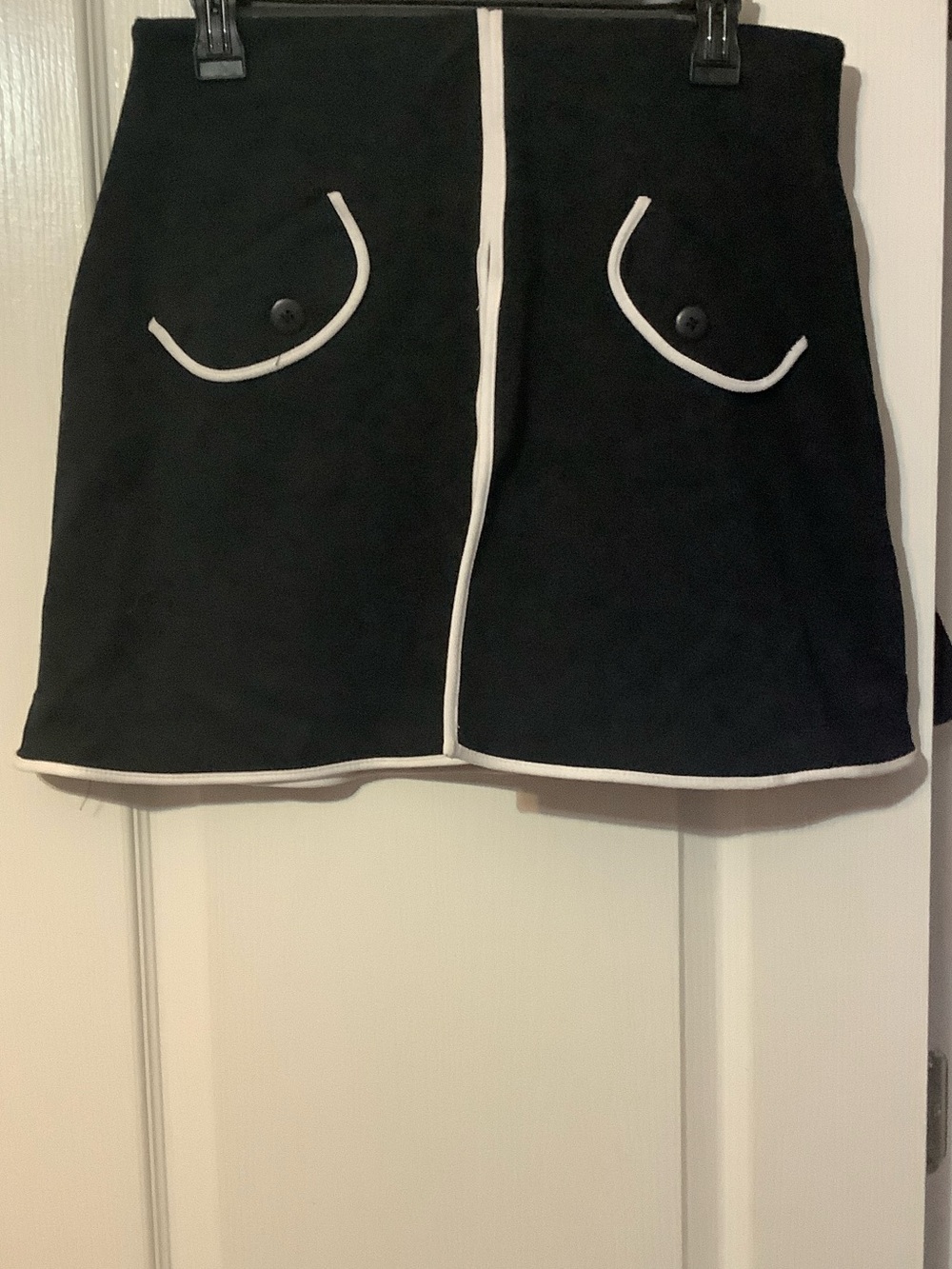Black Mini Skirt with White Piping and Button-Trimmed Pockets